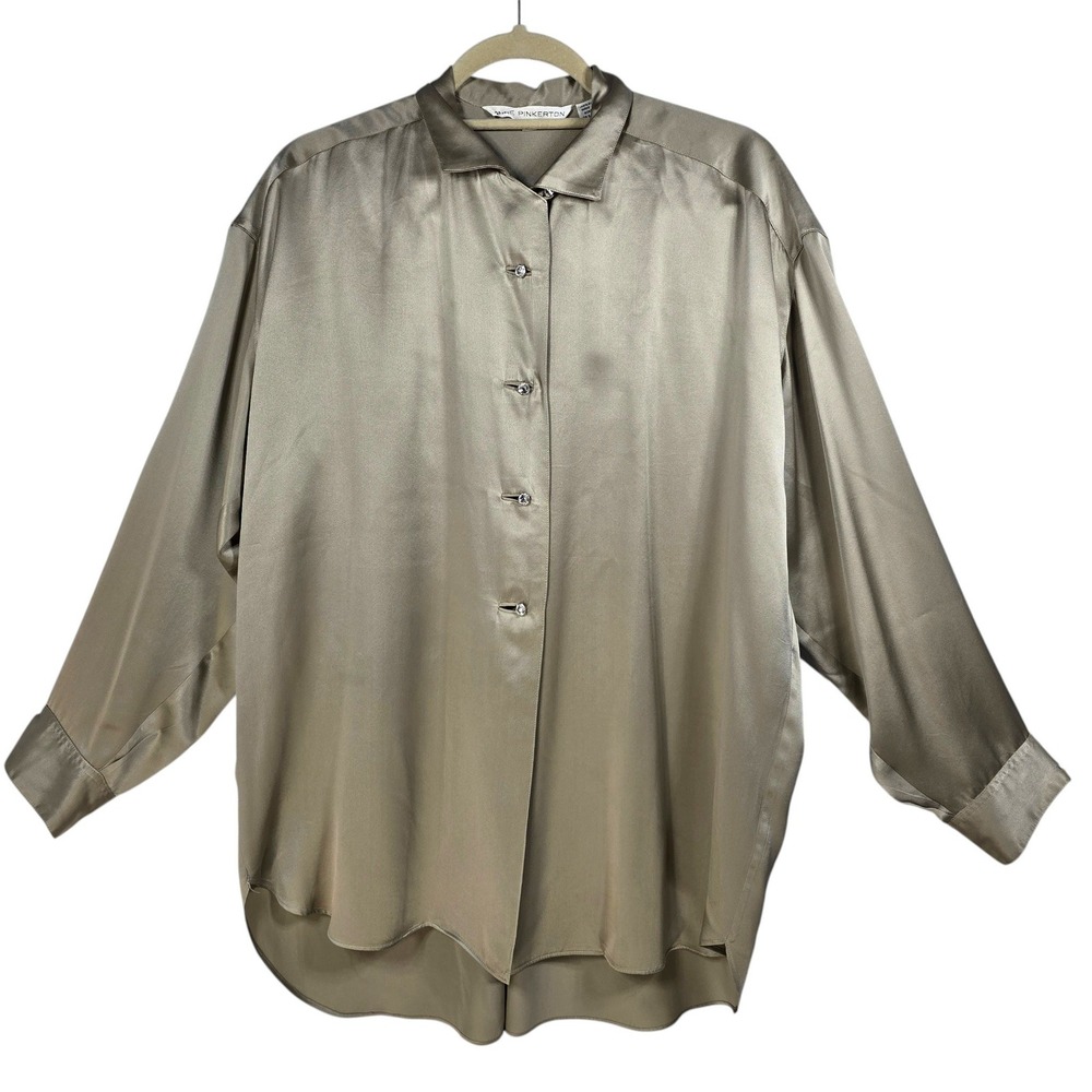 VTG Anne Pinkerton Silk Blouse Size 8 Champagne Taupe Crystal Button Down Korea